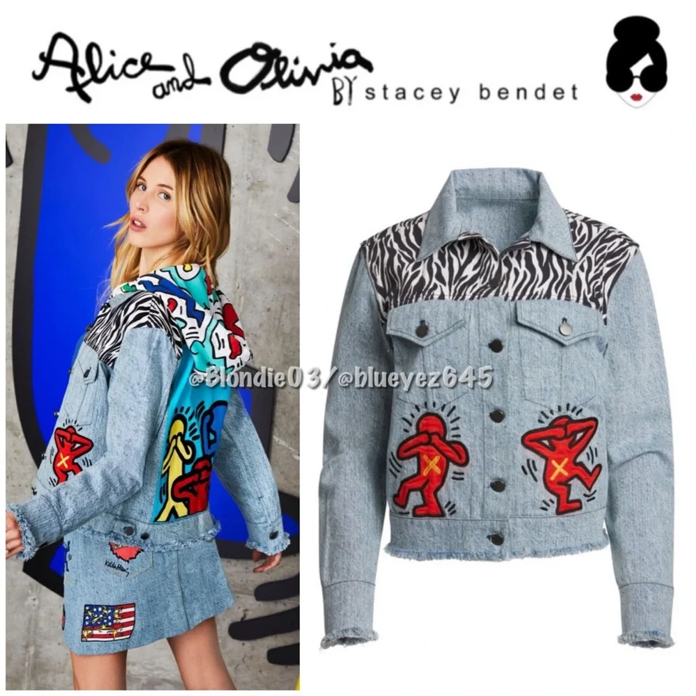 Alice + Olivia x Keith Haring “Rumor” dancing man denim jean jacket S NWT - Picture 1 of 6